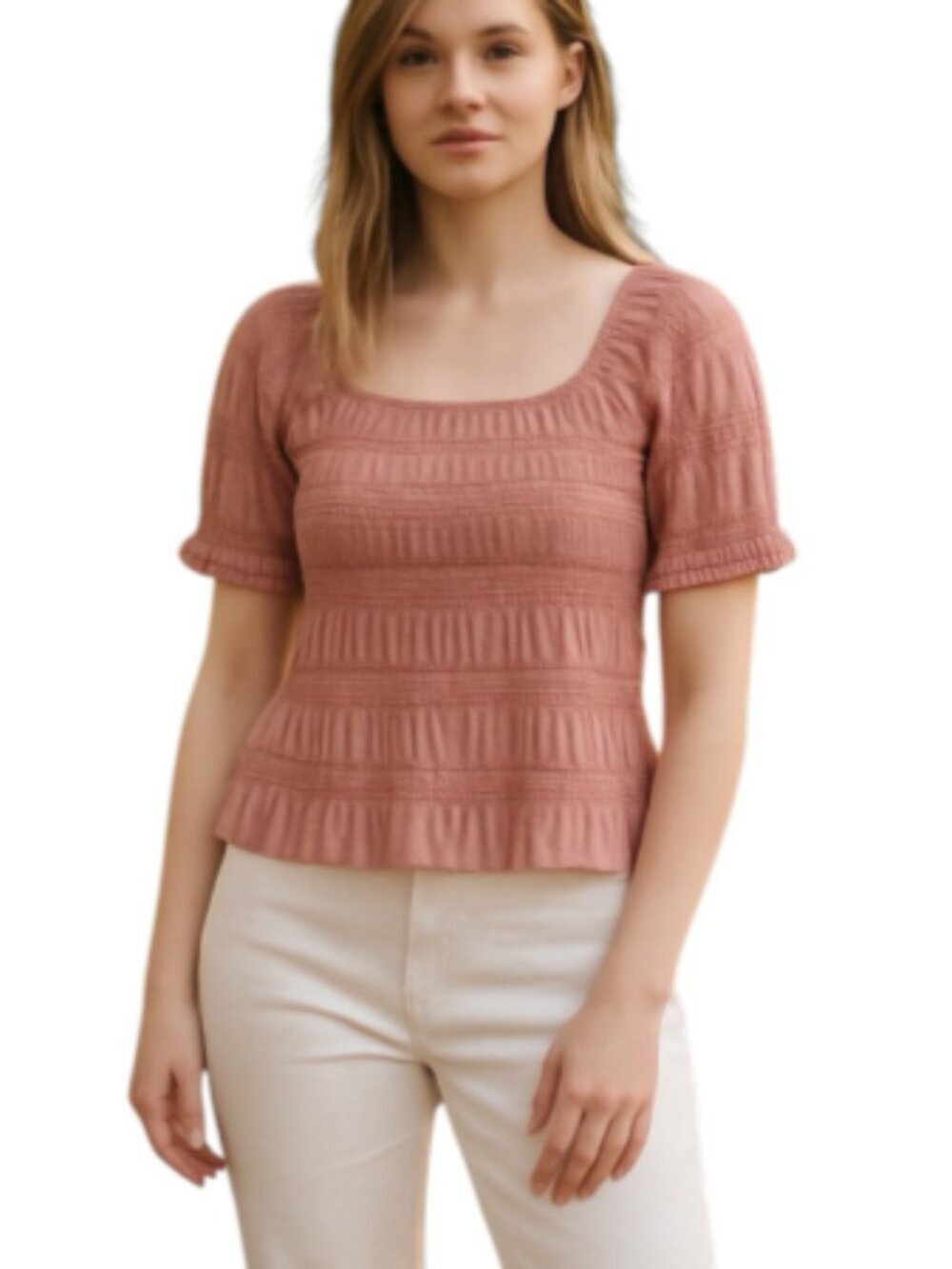 NEW Easel Small Pink Blouse Smocked Puff Short Sleeve Square Neck Romantic BOHO